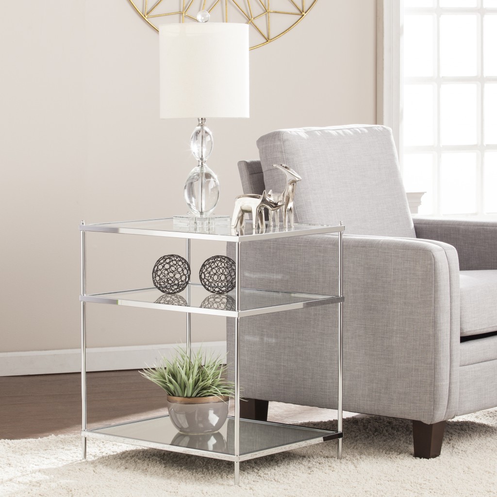 27 in. Glass & Iron Rectangular Mirrored End Table with Shelf, Chrome