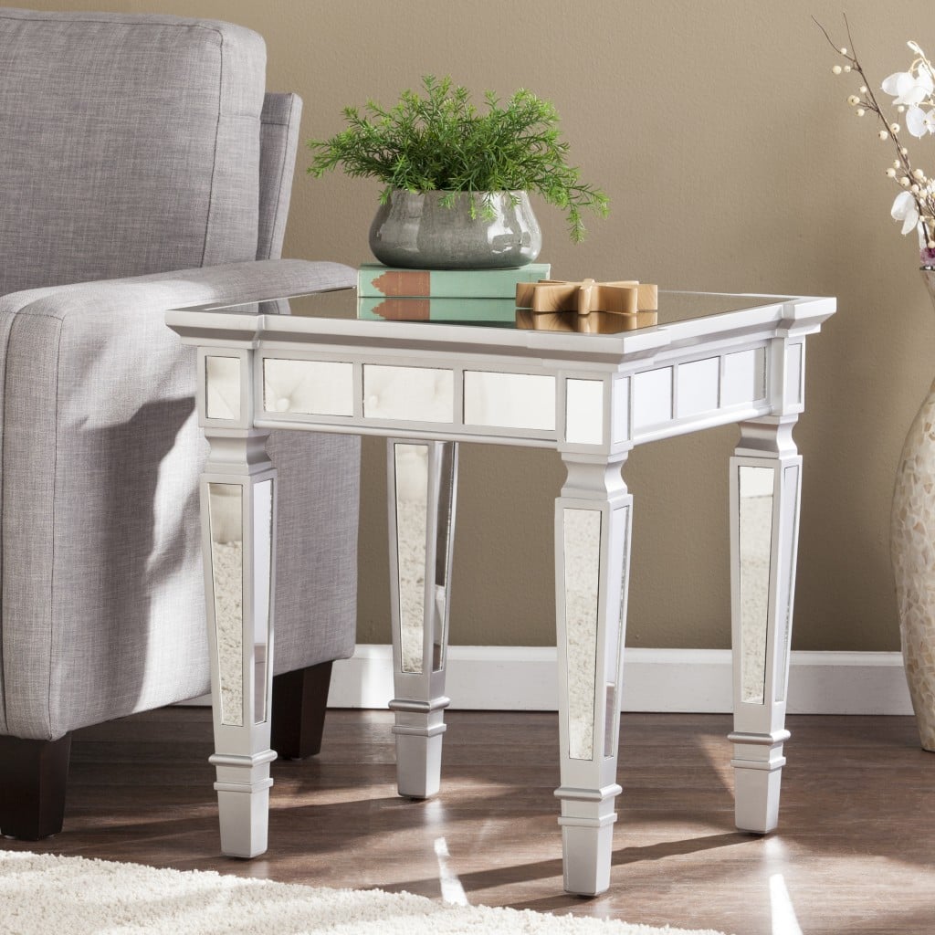 24 in. Glass & Manufactured Wood Square Mirrored End Table, Silver