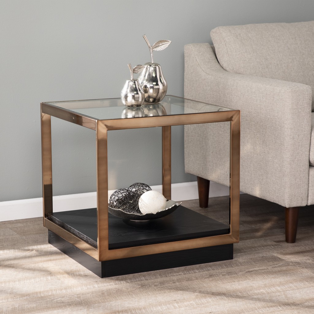 22 in. Glass & Iron Square End Table with Shelf, Champagne