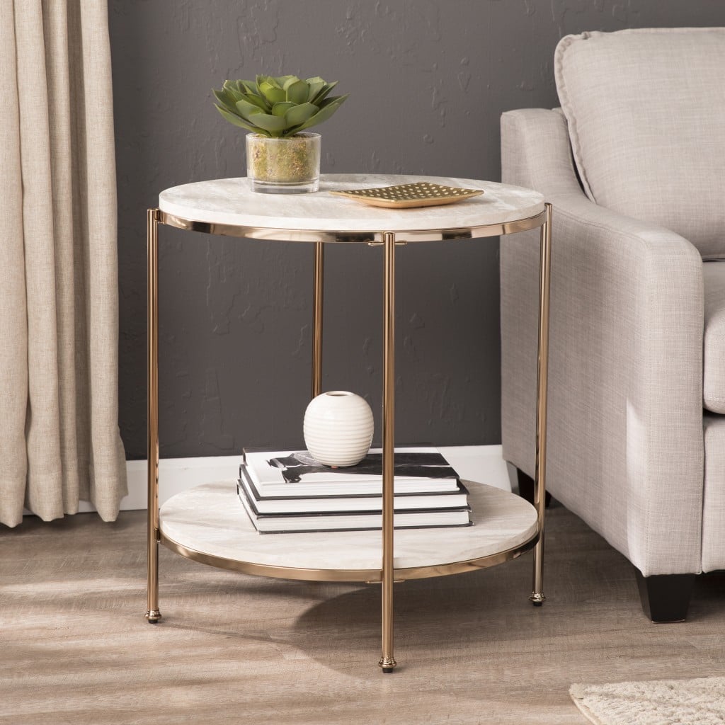24 in. Faux Marble & Iron Round End Table with Shelf, Champagne