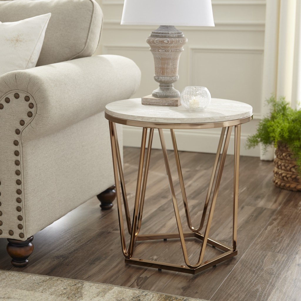23 in. Manufactured Wood & Iron Round End Table, Champagne