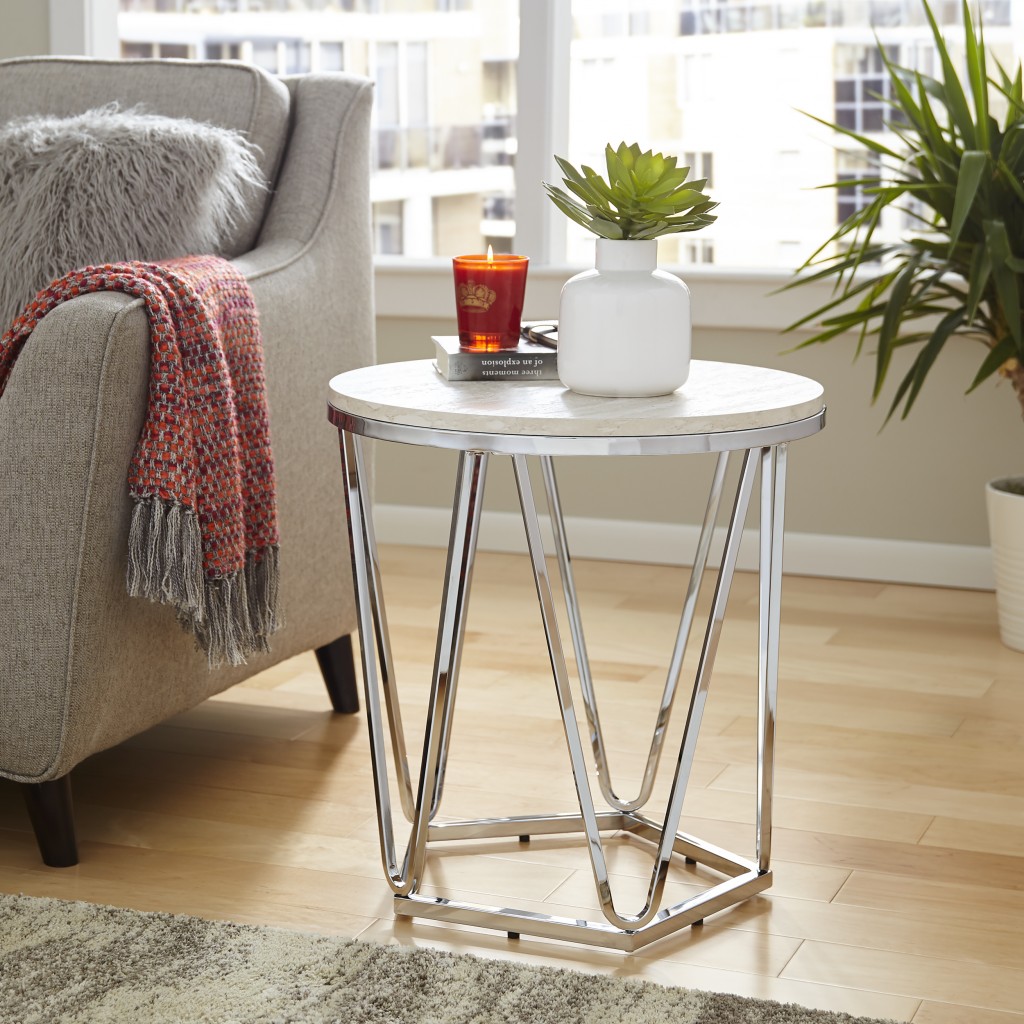 23 in. Manufactured Wood & Iron Round End Table, Silver