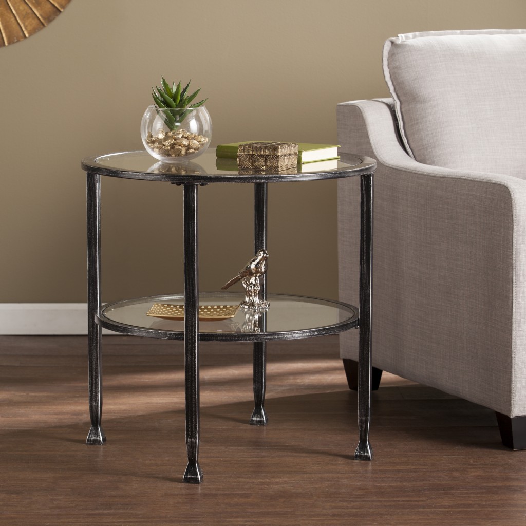 24 in. Glass & Iron Round End Table, Black