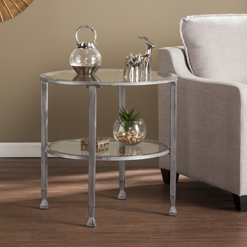 402497 24 in. Glass & Iron Round End Table, Silver