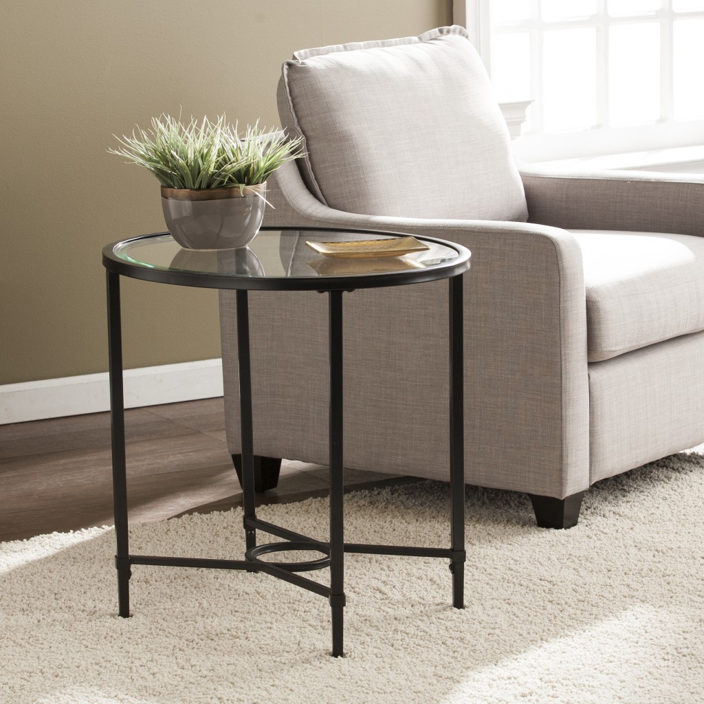 25 in. Glass & Iron Oval End Table, Black