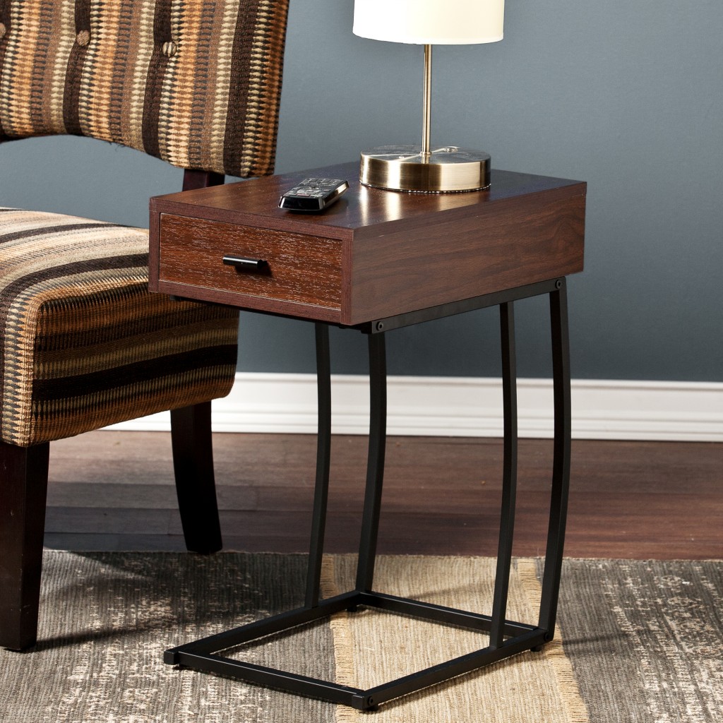 23 in. Manufactured Wood & Iron Rectangular End Table with Drawer, Brown