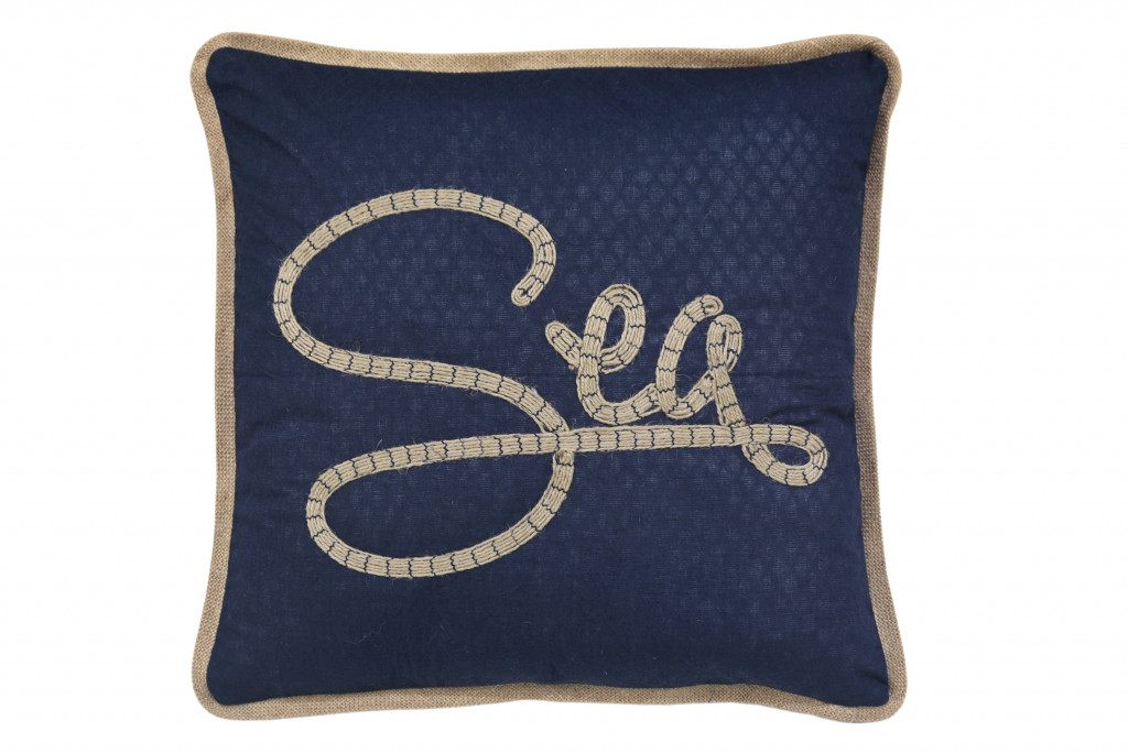 4 x 17 x 17 in. Navy Blue & Brown Text Zippered Polyester & Burlap Blend Throw Pillow with Embroidery