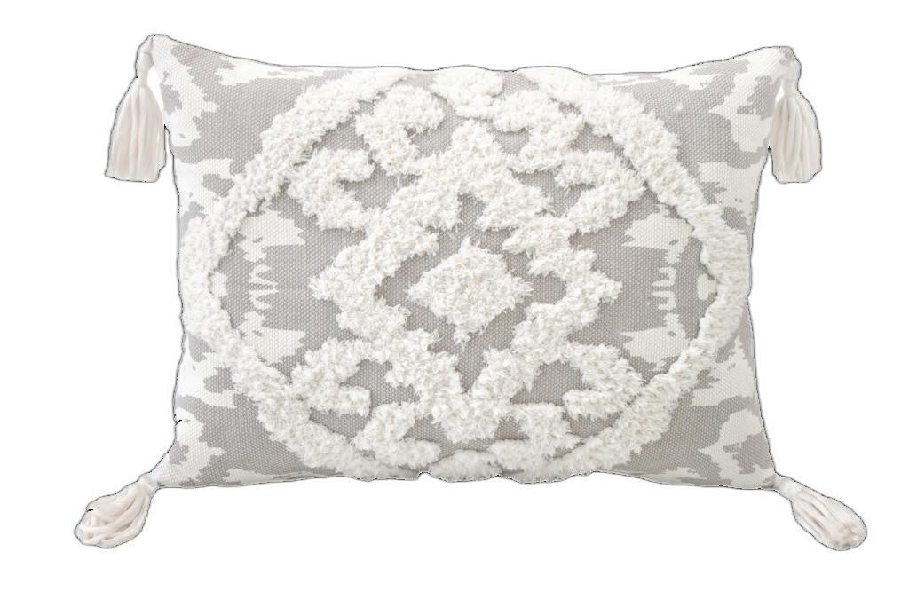 4 x 13 x 18 in. Gray & White Damask Zippered Polyester & Cotton Blend Throw Pillow with Tassels