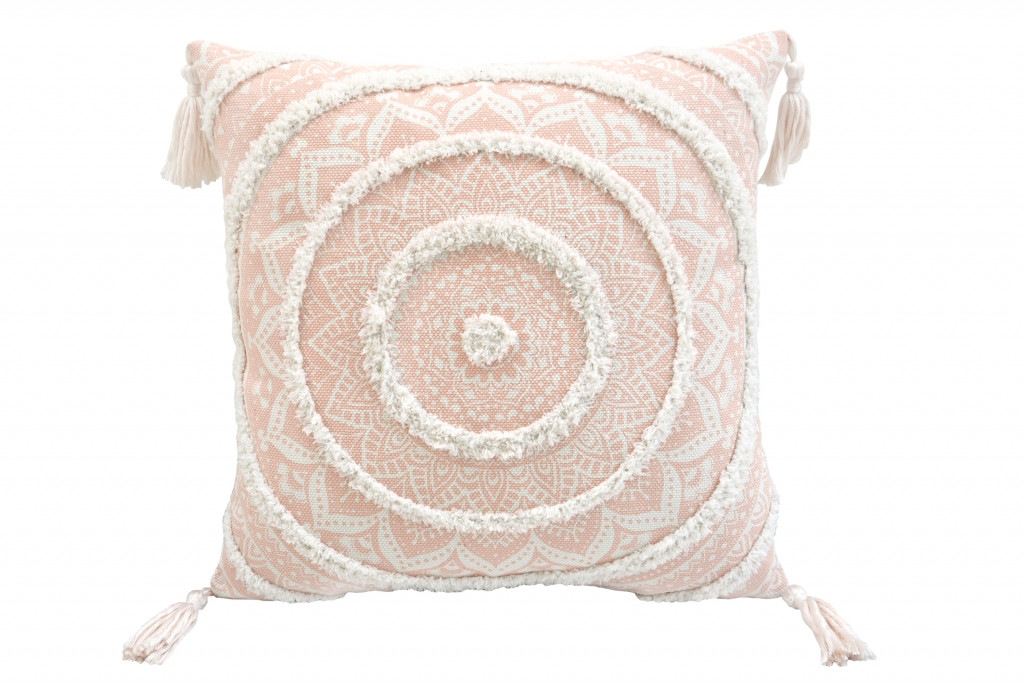 4 x 18 x 18 in. Peach & White Geometric Zippered Polyester & Cotton Blend Throw Pillow with Tassels