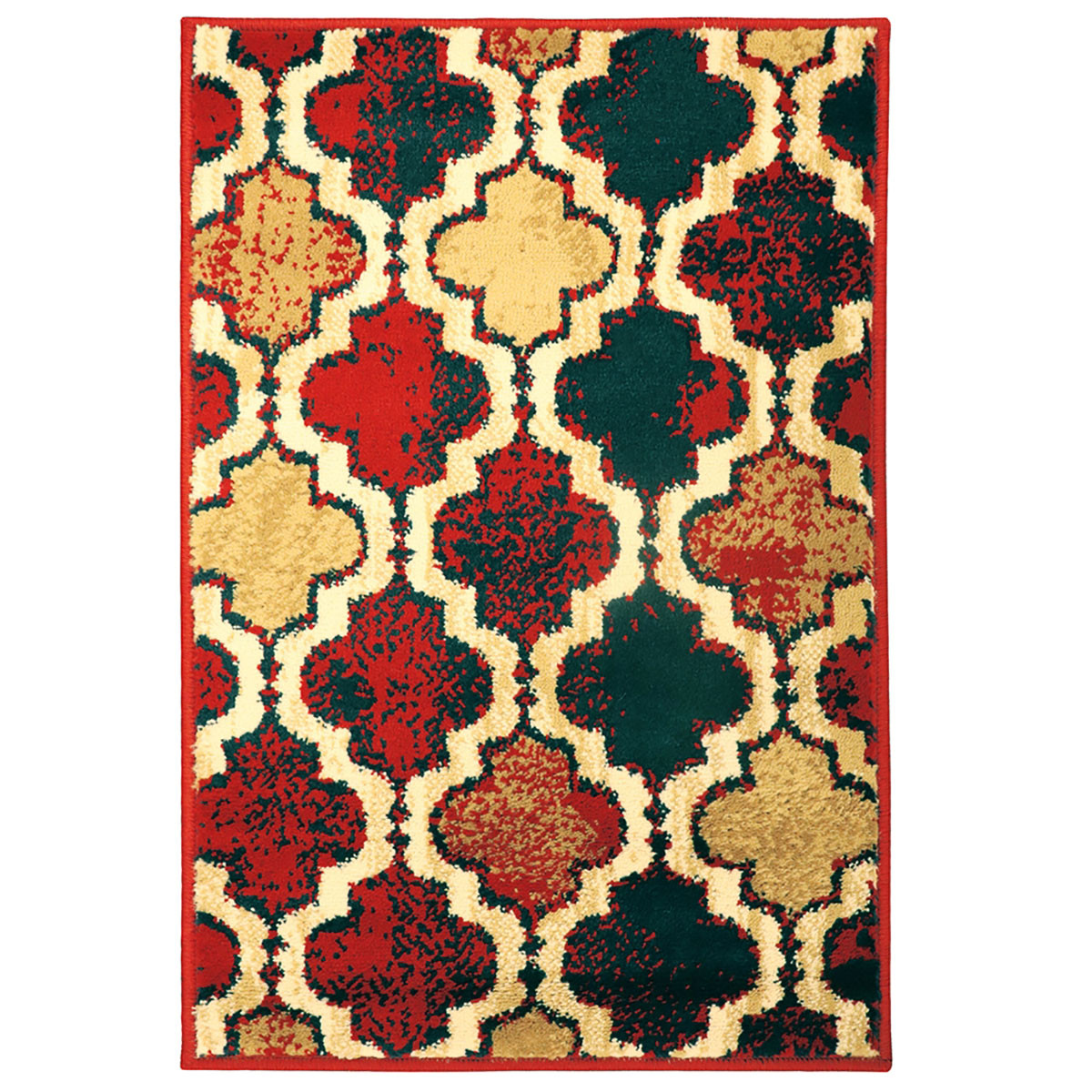 5 x 8 ft. Red Blue Quatrefoil Power Loom Distressed Stain Resistant Rectangle Area Rug