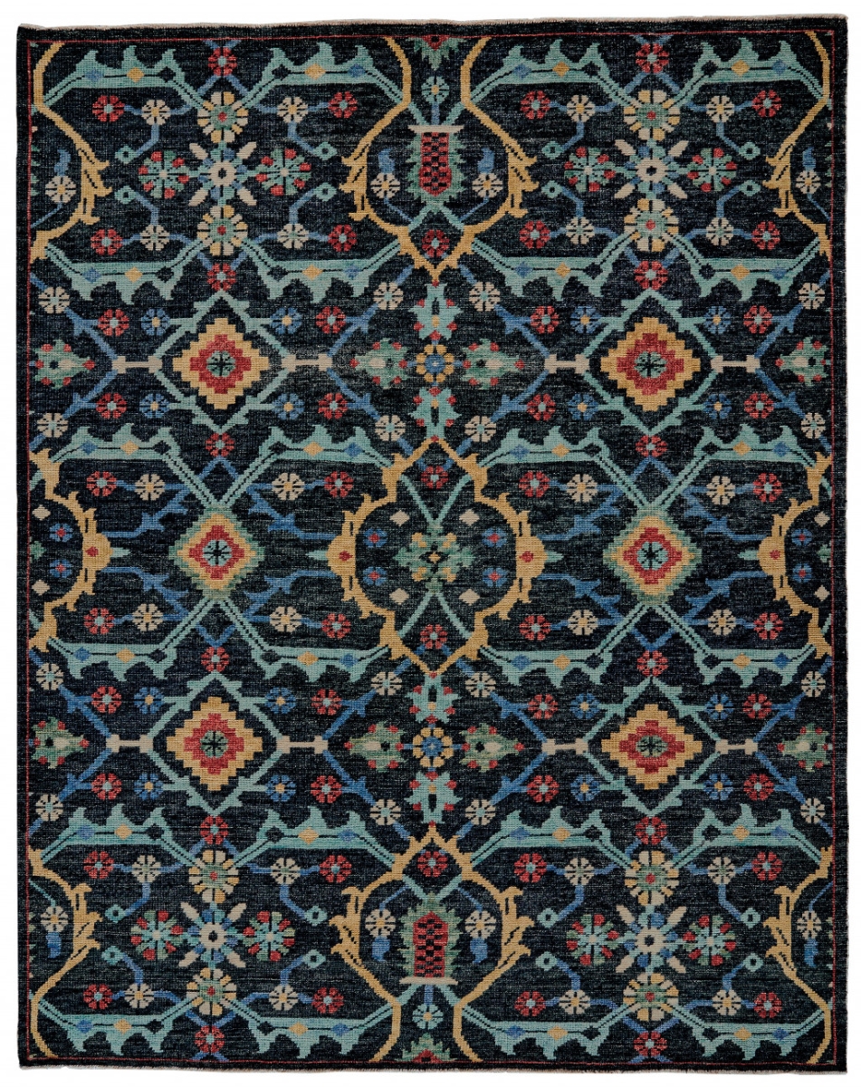 511623 5 x 8 ft. Blue Yellow & Red Wool Floral Hand Knotted Distressed Stain Resistant Rectangle Area Rug with Fringe -  HomeRoots