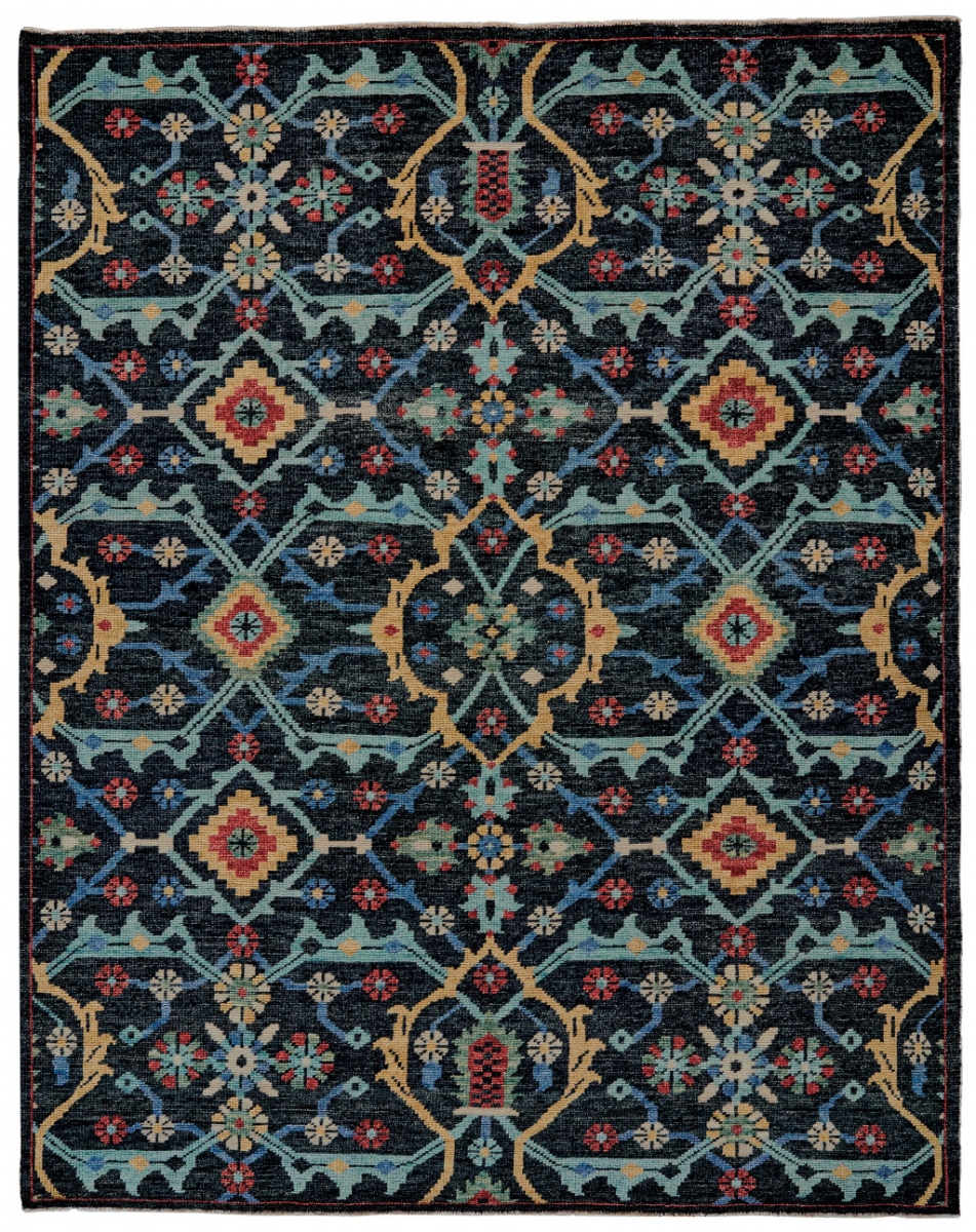 511628 2 x 3 ft. Blue Yellow & Red Wool Floral Hand Knotted Distressed Stain Resistant Rectangle Area Rug with Fringe