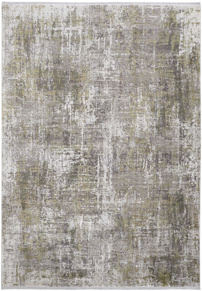 Green Gray & Ivory Abstract Rectangle Area Rug with Fringe