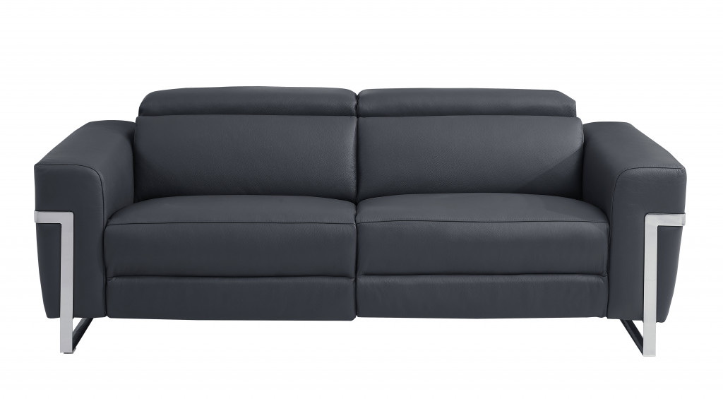 31 x 82.6 x 43 in. Dark Gray Italian Leather & Chrome Reclining Sofa