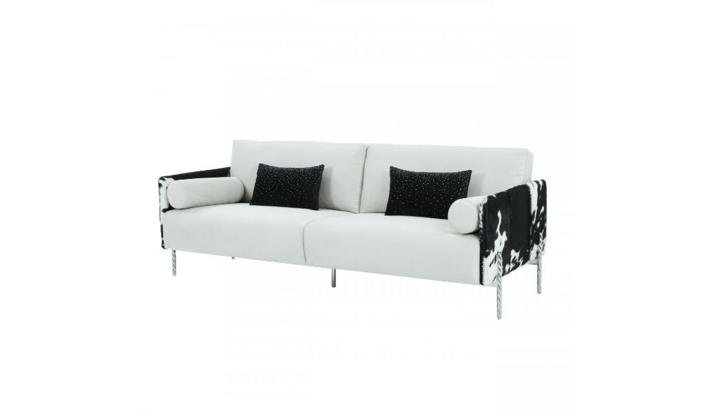 33 x 89 x 37 in. White Faux Cowhide & Silver Sofa