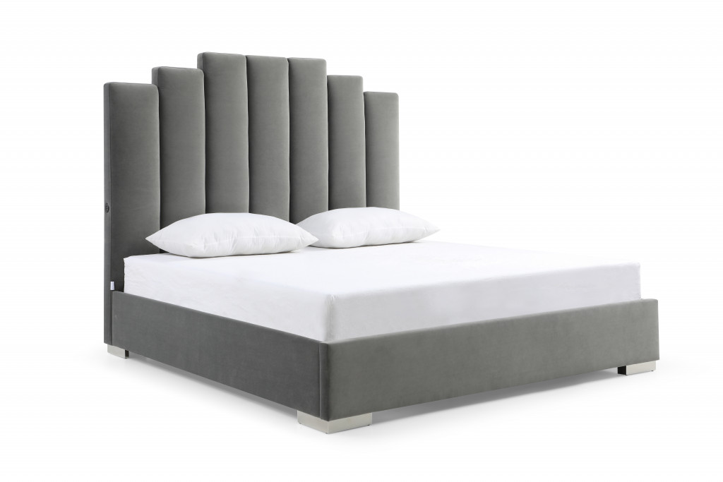 67 x 64 x 87 in. Queen Size Gray Upholstered Vertical Channel Velvet Bed with USB