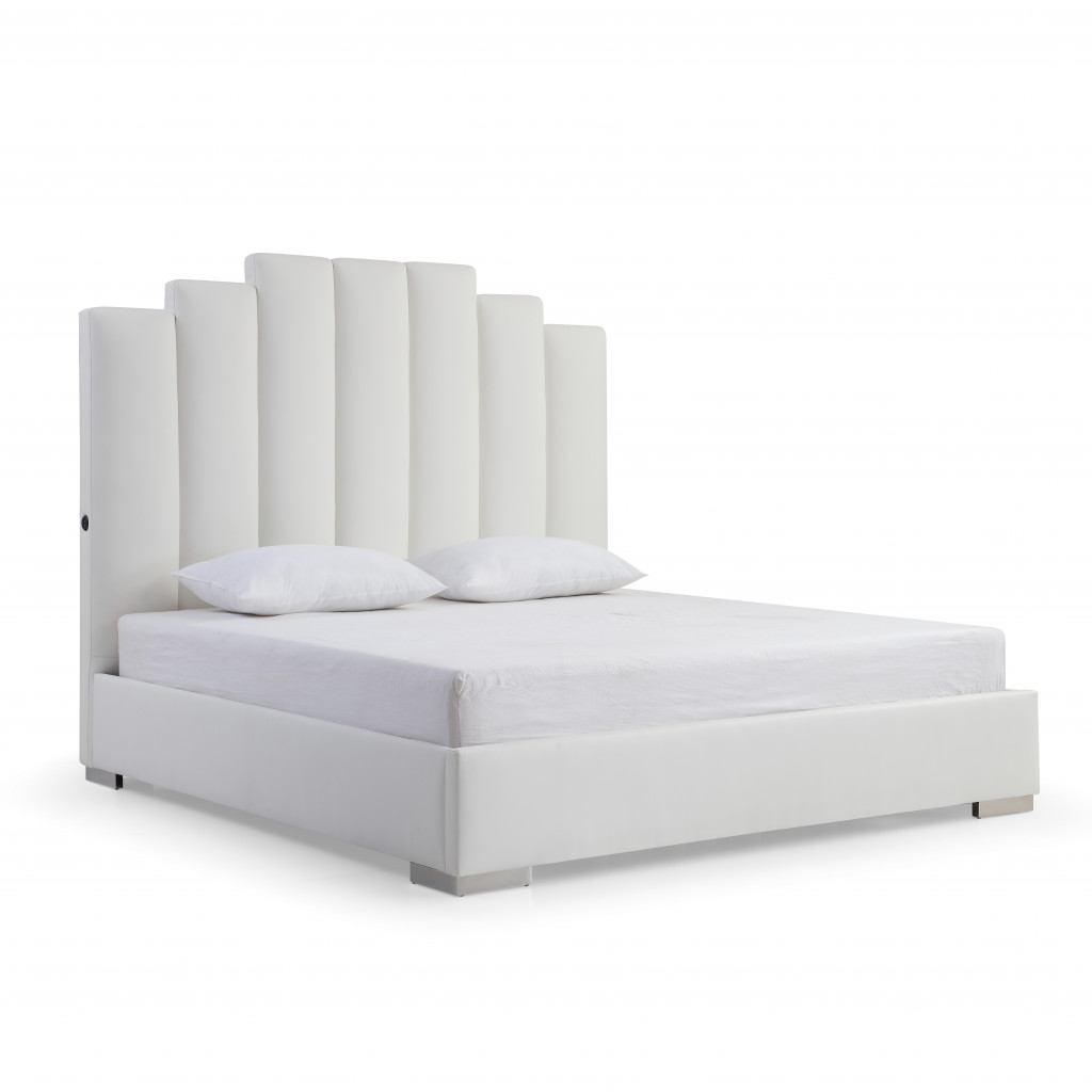 67 x 64 x 87 in. Queen Size White Vertical Channel Faux Leather Bed with USB