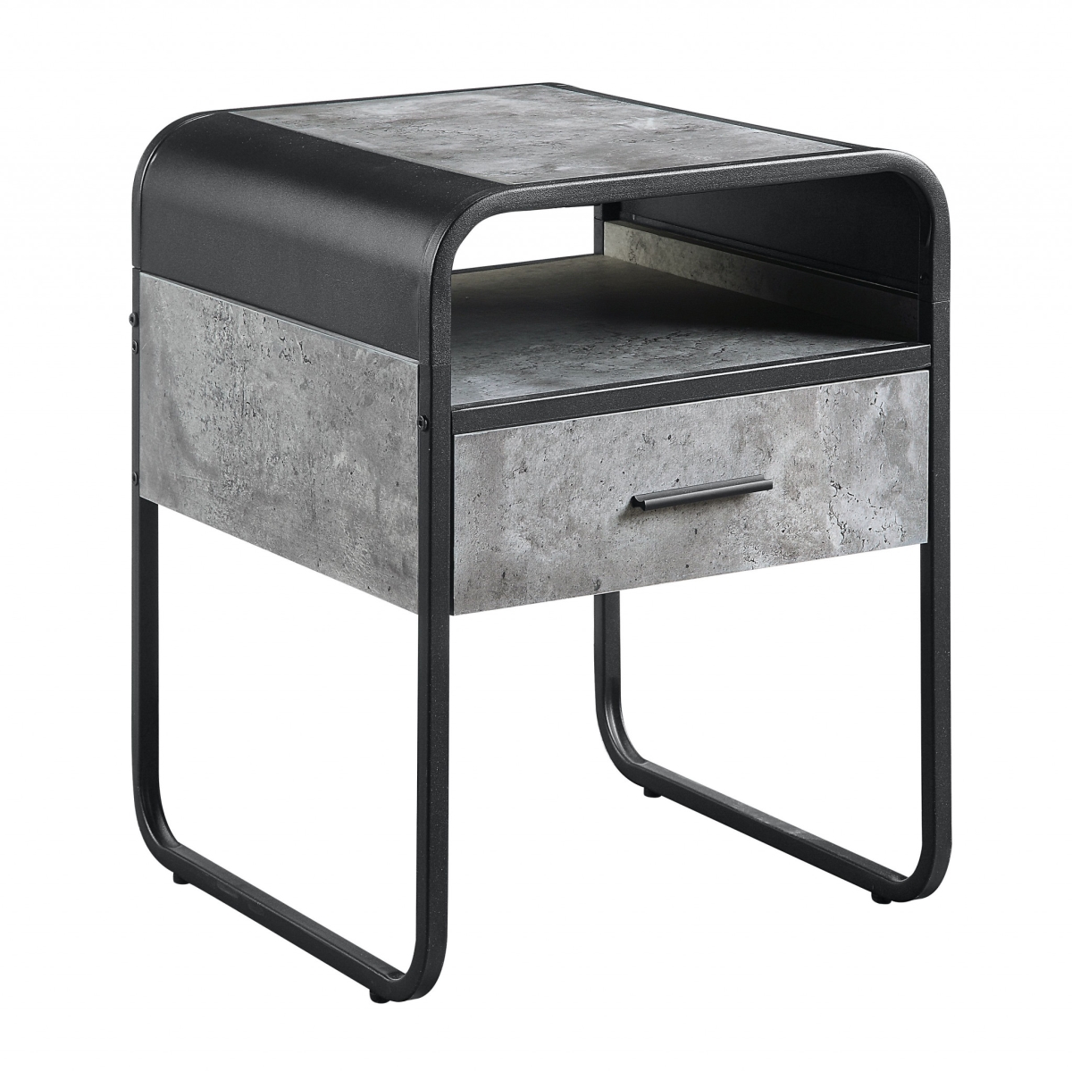 486420 22 in. Manufactured Wood & Metal Square End Table with Drawer & Shelf, Black & Concrete Gray