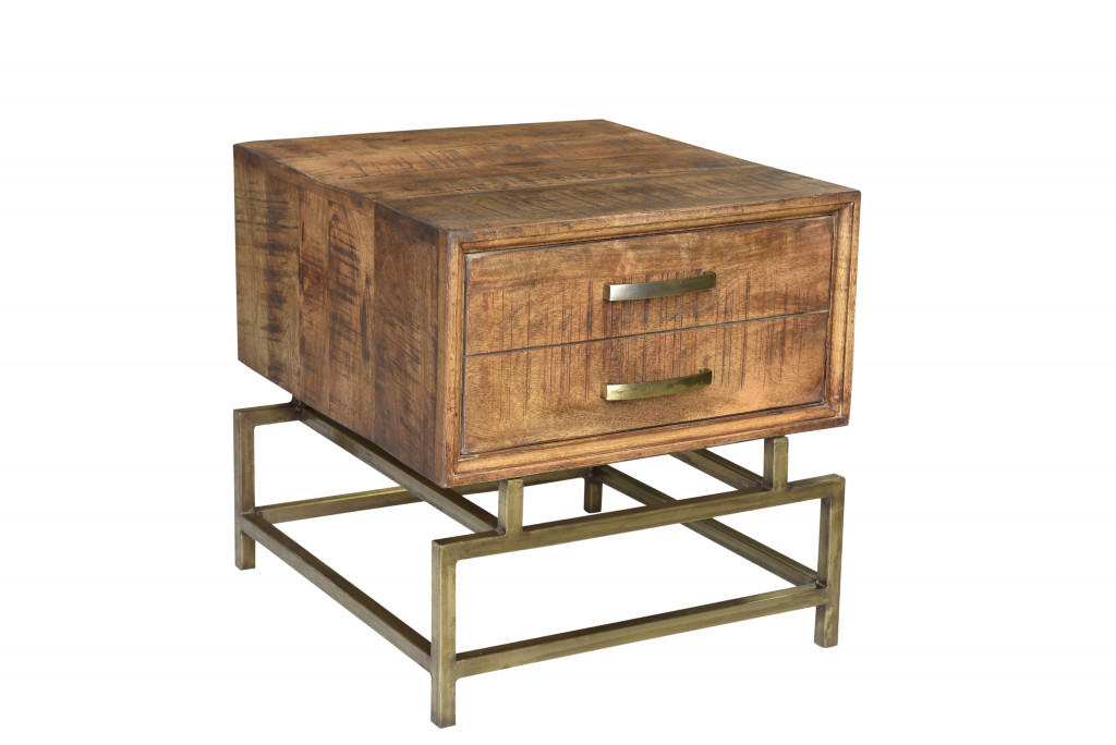 488548 21 in. Solid Wood & Iron Square End Table with Drawer, Brass & Brown