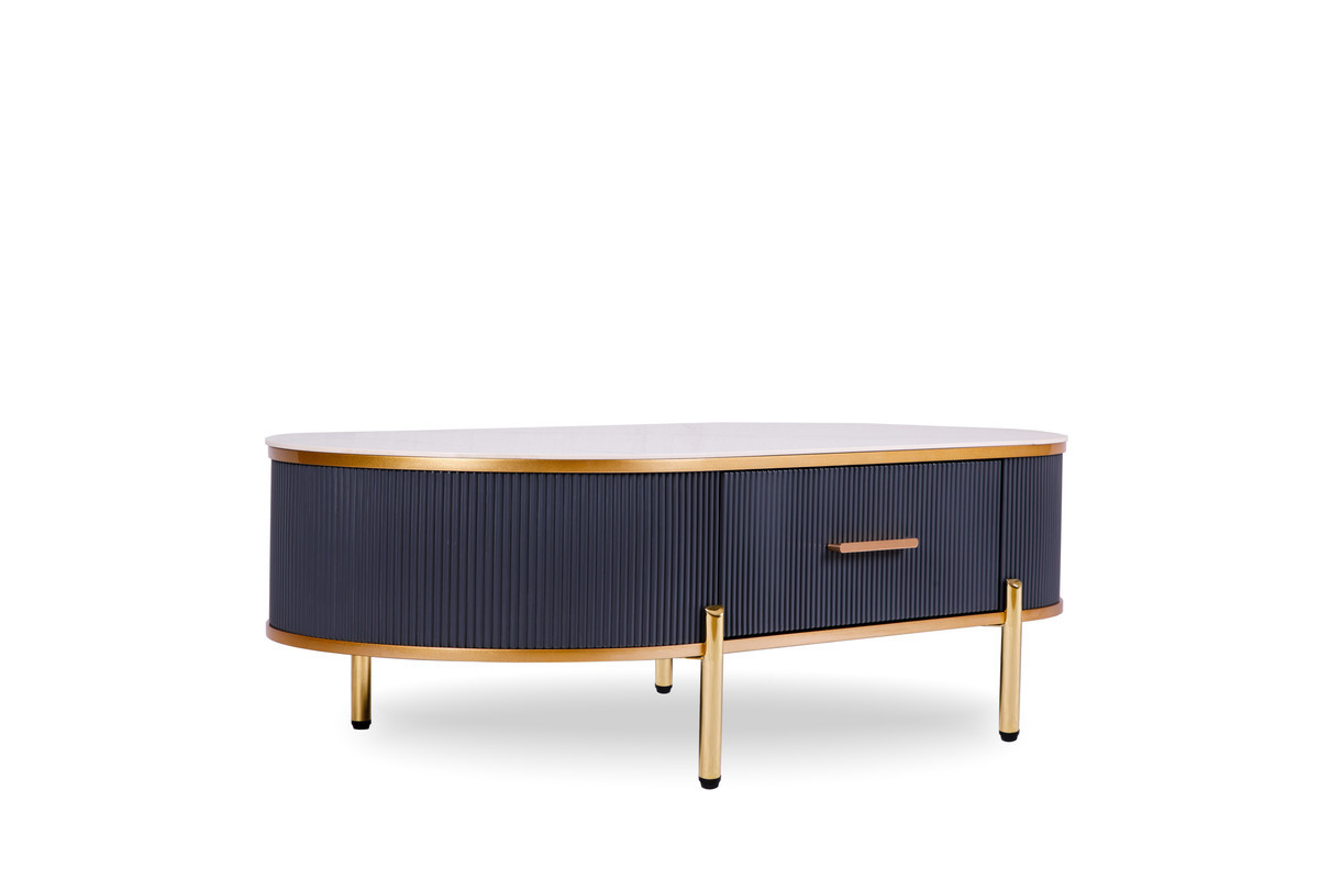 491577 15 x 47.2 x 23.6 in. Charcoal Gray Gold & White Stone Oval Coffee Table with Drawers