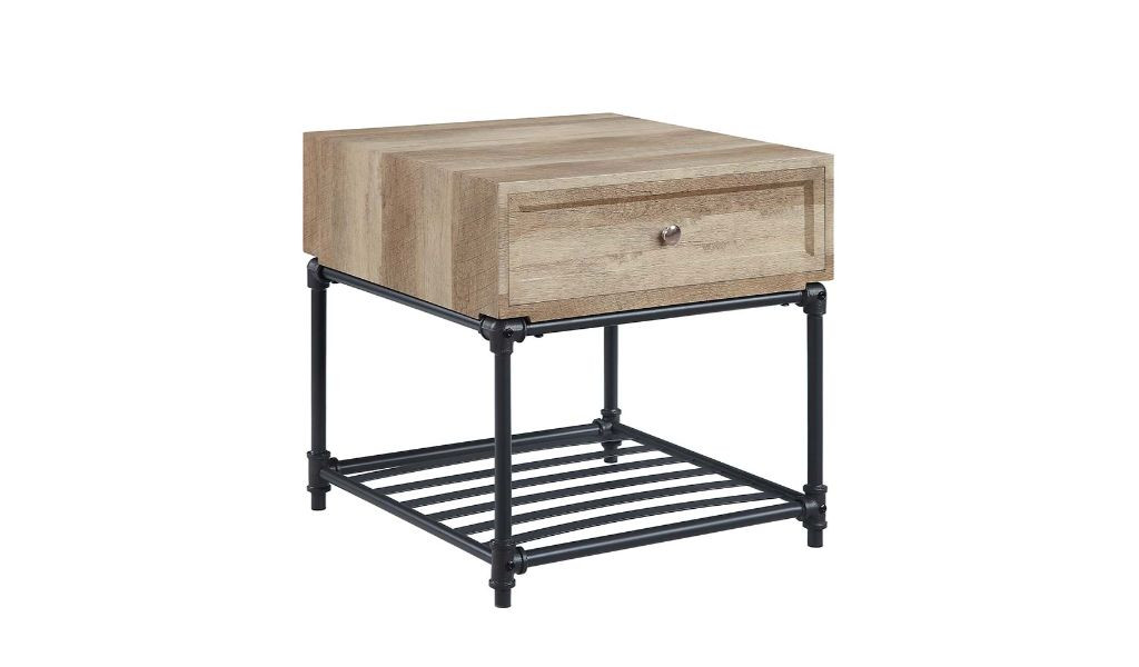 485882 22 in. Manufactured Wood & Metal Square End Table with Drawer & Shelf, Sandy Black & Oak