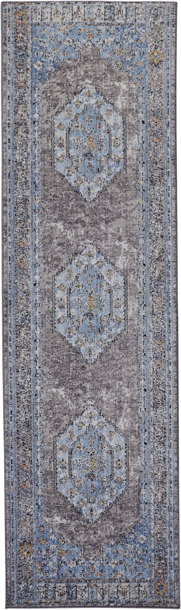 512340 8 ft. Blue Gray & Gold Floral Stain Resistant Runner Area Rug -  HomeRoots
