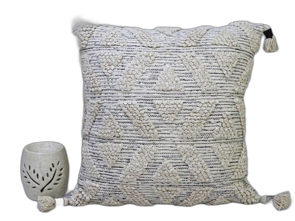 10 x 22 x 22 in. Off White Geometric Zippered Handmade Cotton Blend Throw Pillow with Tassels