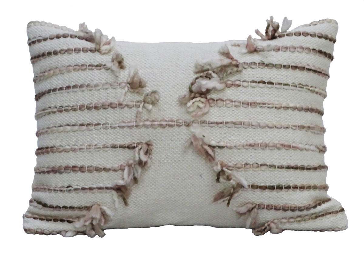 10 x 14 x 20 in. Tan & White Zippered Cotton Blend Geometric Throw Pillow with Pom-poms