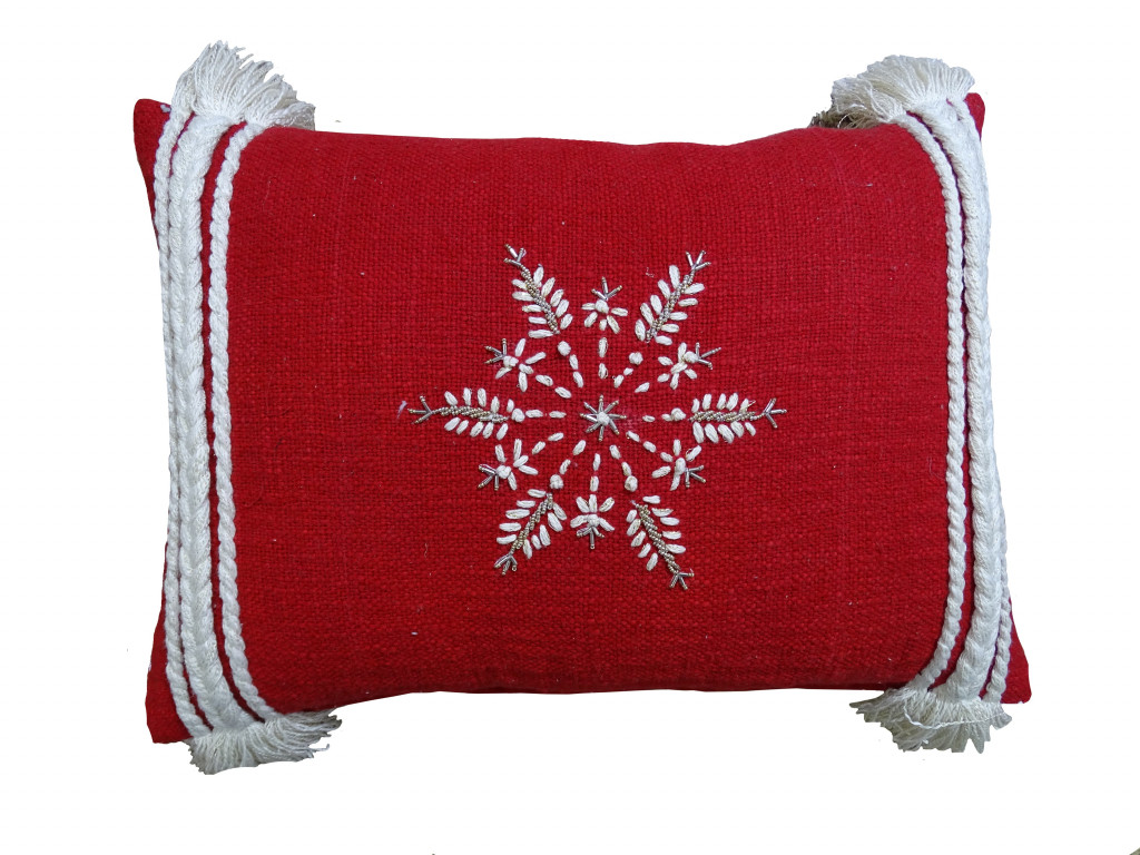 10 x 14 x 20 in. Red Zippered Cotton Blend Christmas Snowflakes Throw Pillow with Embroidery