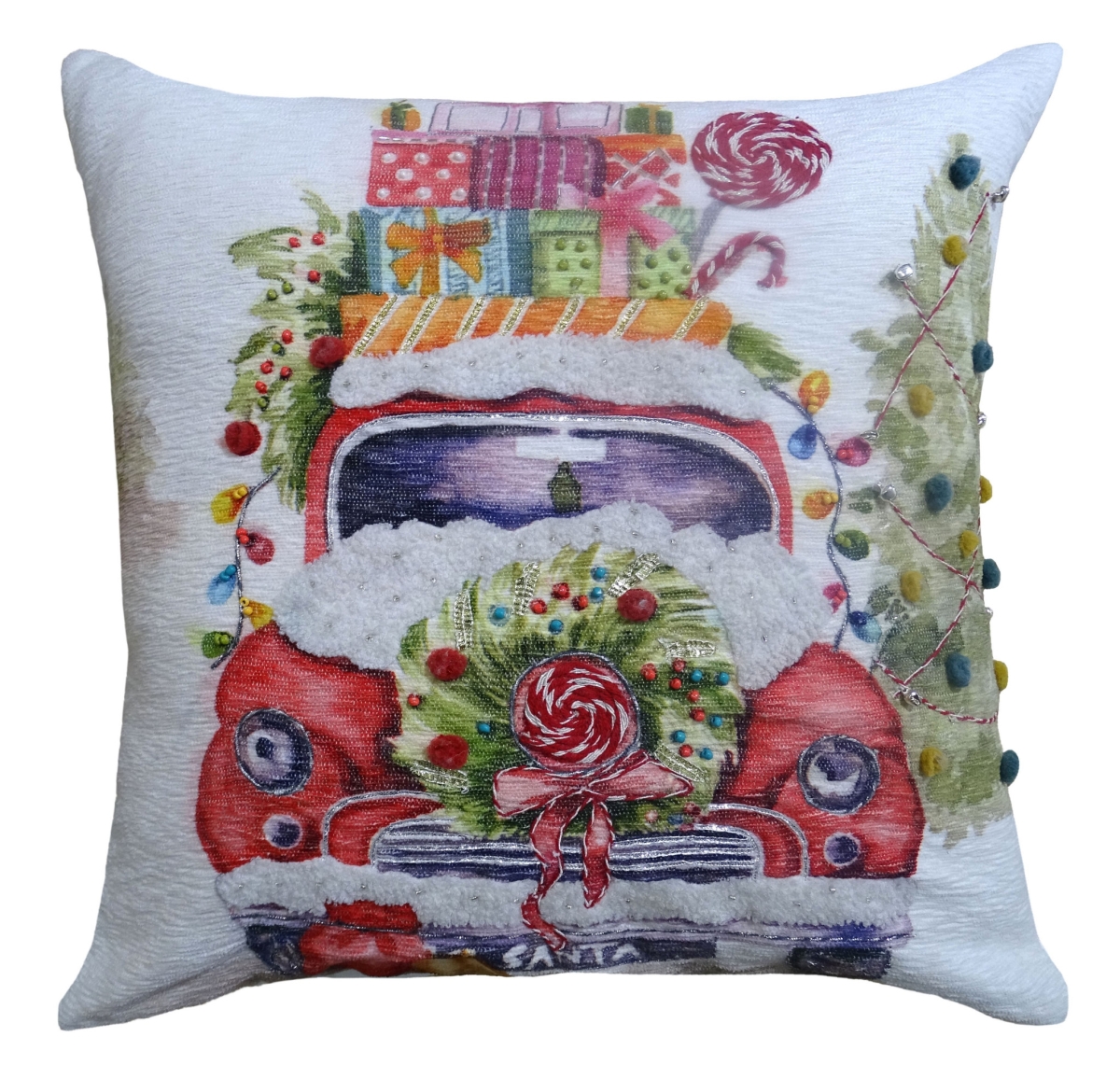 10 x 20 x 20 in. Green & Red Zippered Handmade Cotton Blend Christmas Holiday Van Throw Pillow with Pom Poms