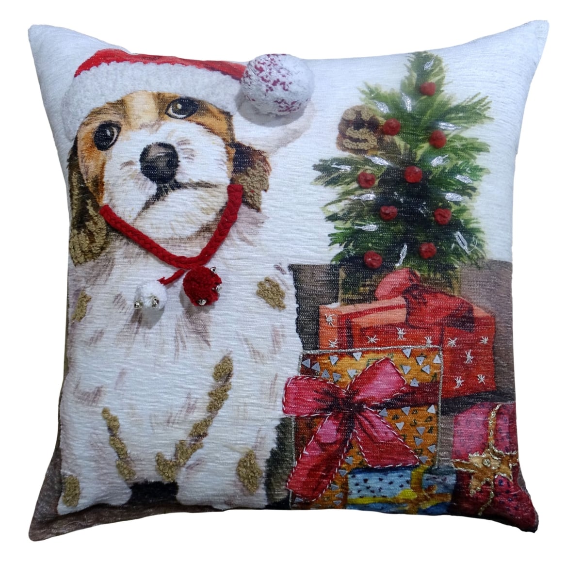 482279 10 x 20 x 20 in. Red & White Dog Zippered Handmade Cotton Blend Christmas Throw Pillow with Pom Poms