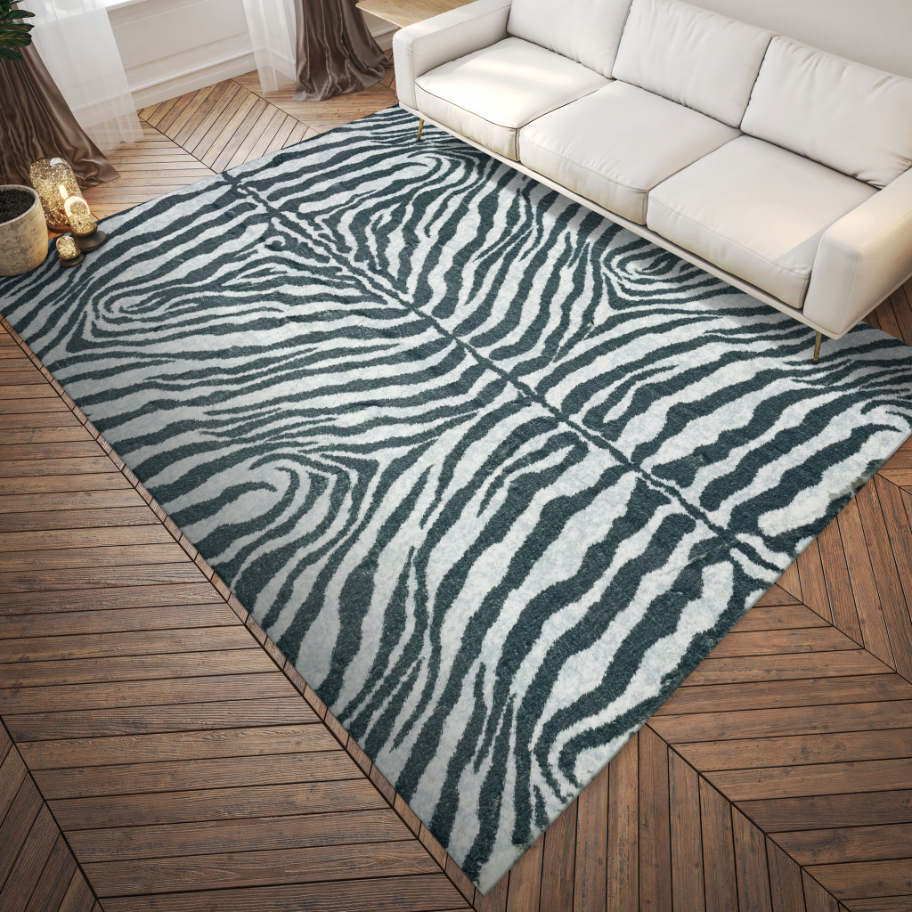 Picture of HomeRoots 491629 8 x 10 ft. Grey Zebra Print Shag Handmade Non Skid Rectangle Area Rug