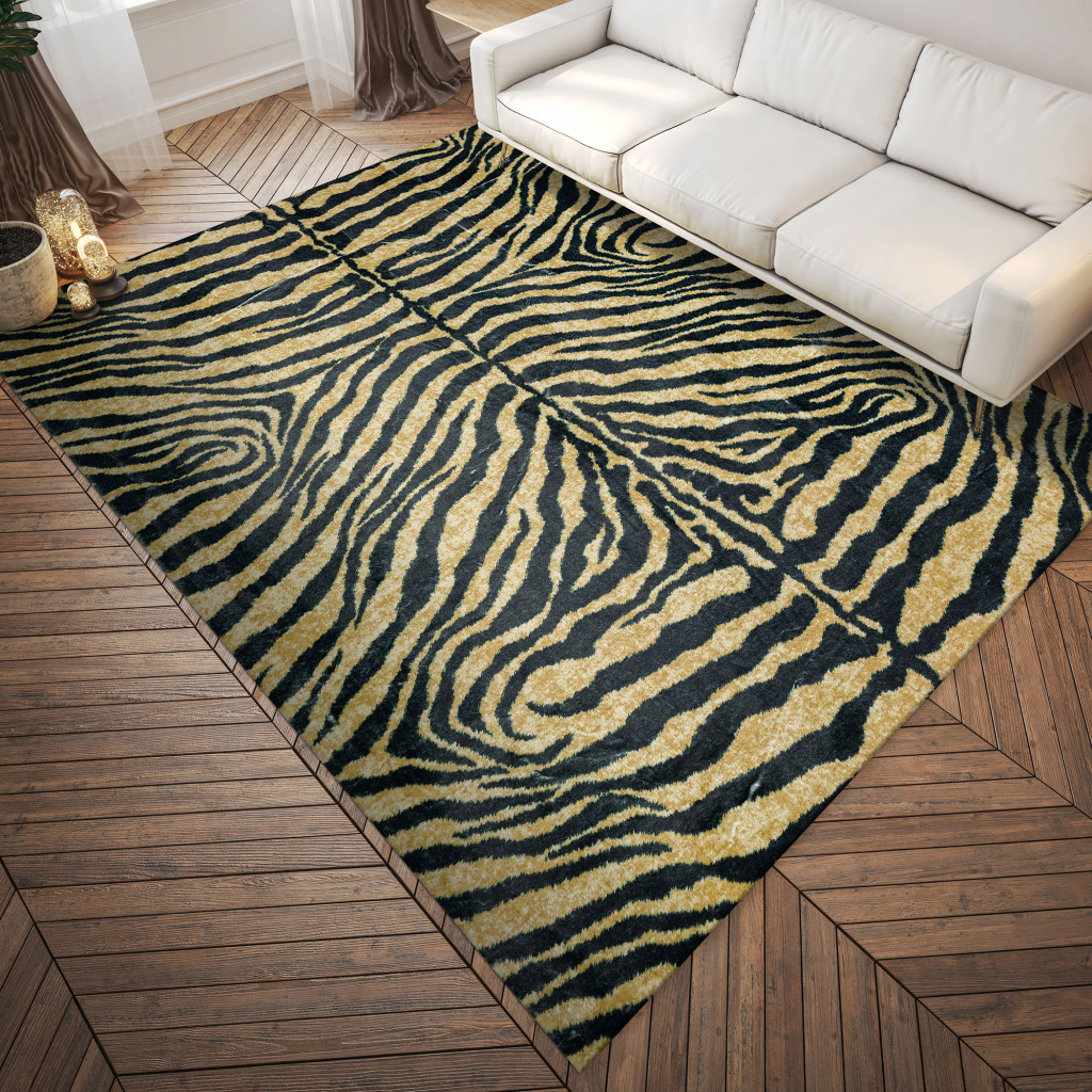 Picture of HomeRoots 491633 3 x 5 ft. Black & Gold Animal Print Shag Handmade Non Skid Rectangle Area Rug