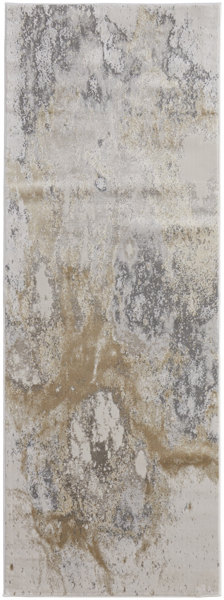 512858 8 ft. Gray Gold & Ivory Abstract Power Loom Runner Area Rug