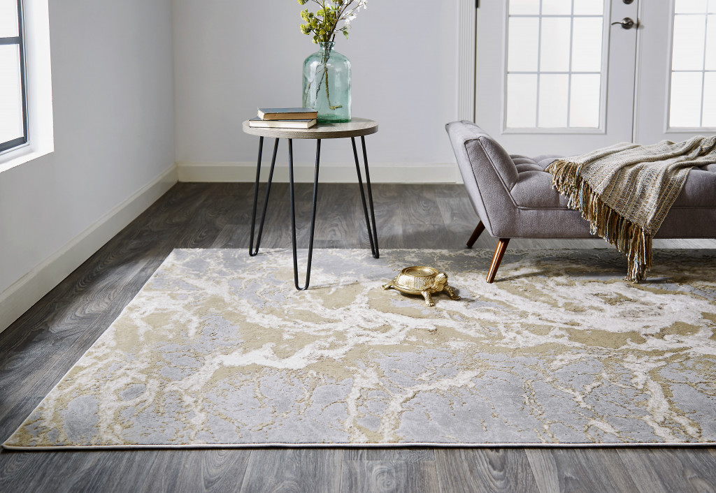 7 x 10 ft. Ivory Silver & Gold Abstract Stain Resistant Rectangle Area Rug