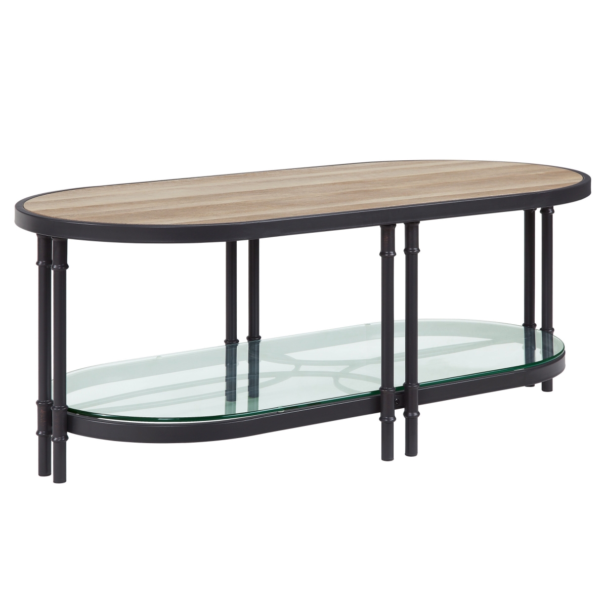 47 in. Paper Veneer & Metal Oval Coffee Table with Shelf, Sandy Black & Oak