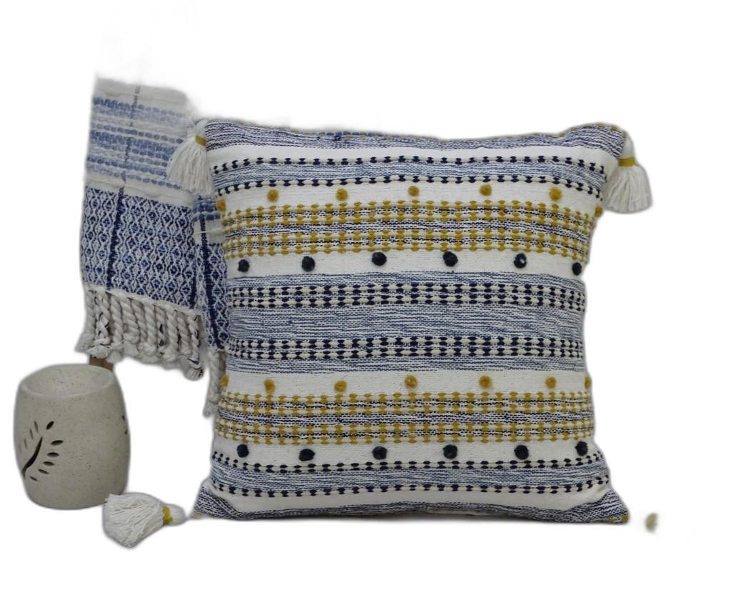 10 x 20 x 20 in. Blue & Gold Striped Handmade Throw Pillow with Tassels