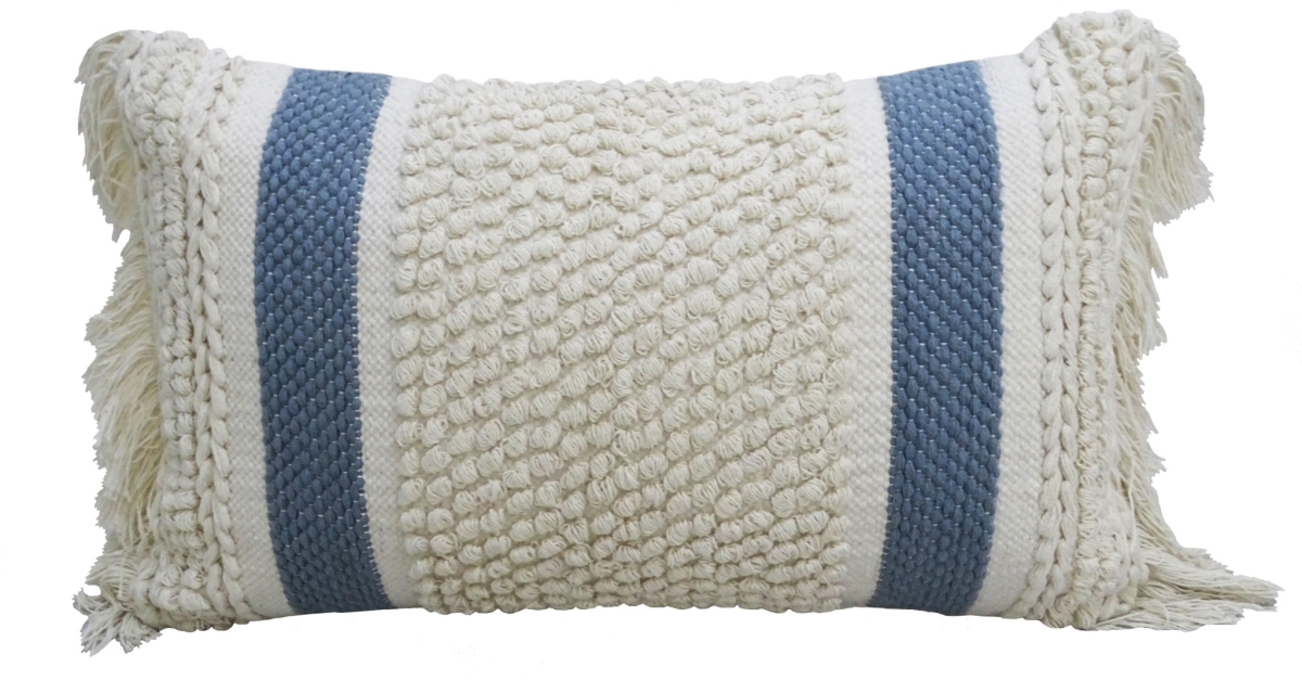 482232 10 x 14 x 24 in. Cream & Light Blue Handmade Nubby Texture Throw Pillow with Fringe