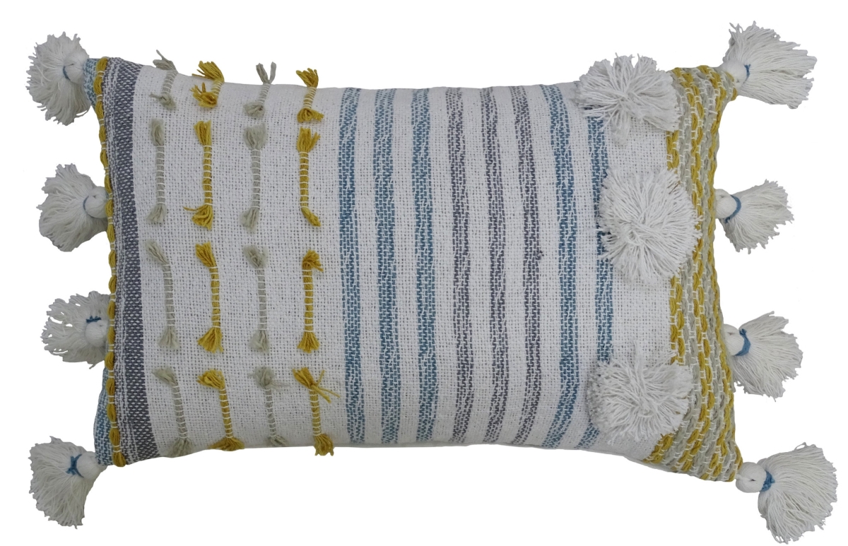10 x 14 x 20 in. Blue & Yellow Striped Zippered Handmade Cotton Blend Throw Pillow with Tassels