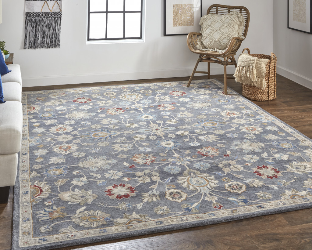 9 x 12 ft. Gray Ivory & Red Wool Floral Hand Tufted Handmade Stain Resistant Rectangle Area Rug - Gray Ivory and Red