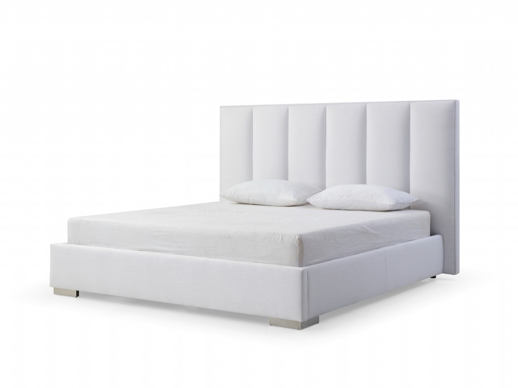 55 x 72 x 87 in. Queen Size White Upholstered Channel Tufted Velvet Bed Frame