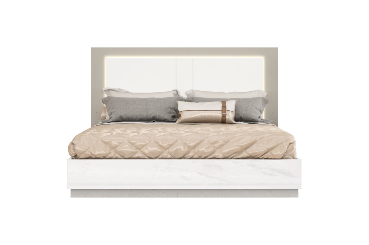 50 x 76 x 80 in. King Size White & Taupe High Gloss Bed Frame with LED Headboard