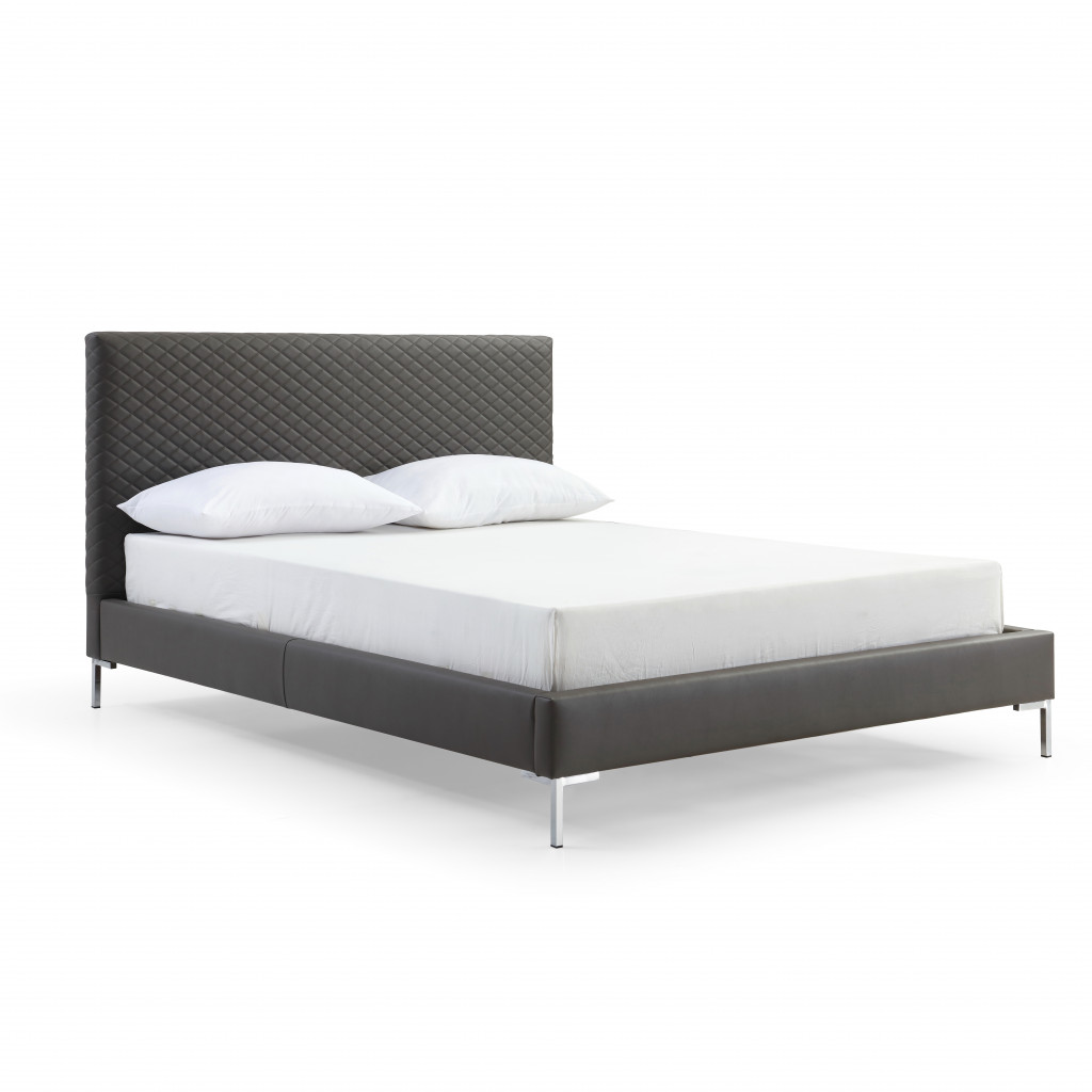 43 x 64 x 85 in. Queen Size Dark Grey Upholstered Faux Leather Bed Frame