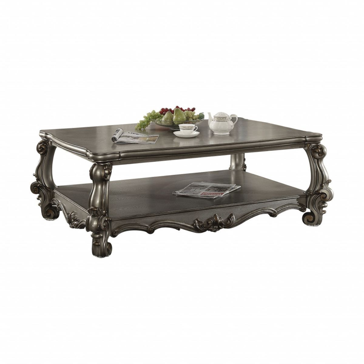 59 in. Manufactured Wood Rectangular Coffee Table with Shelf, Antique Platinum