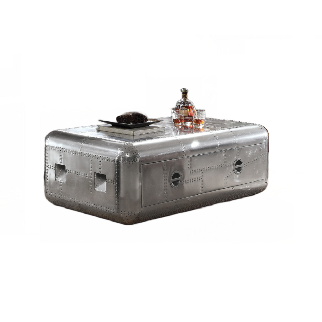 19 x 52 x 31 in. Aluminum Aviation Inspired Rectangular Coffee Table with Drawers