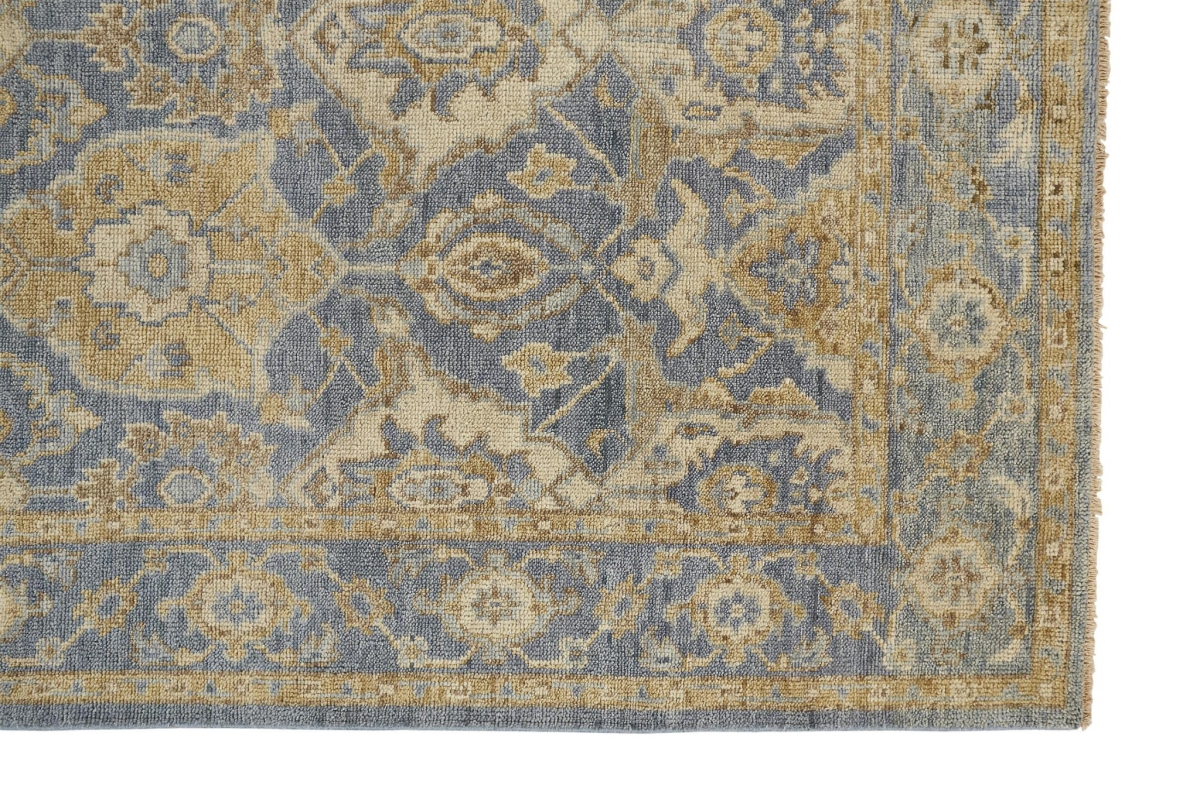 512619 2 x 3 ft. Blue Gold & Tan Wool Floral Hand Knotted Stain Resistant Rectangle Area Rug with Fringe