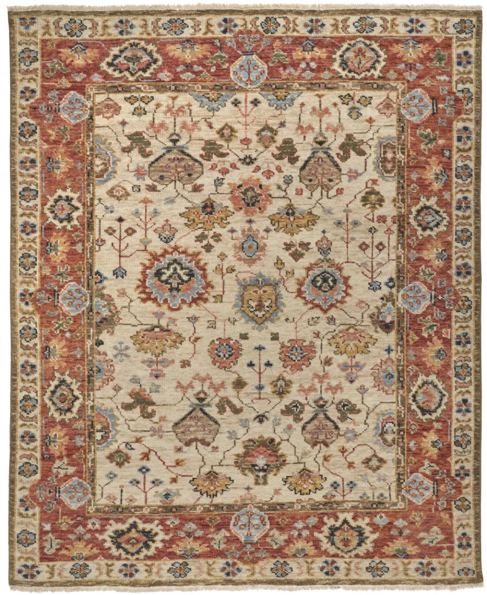 8 x 10 ft. Ivory Red & Blue Wool Floral Hand Knotted Stain Resistant Rectangle Area Rug