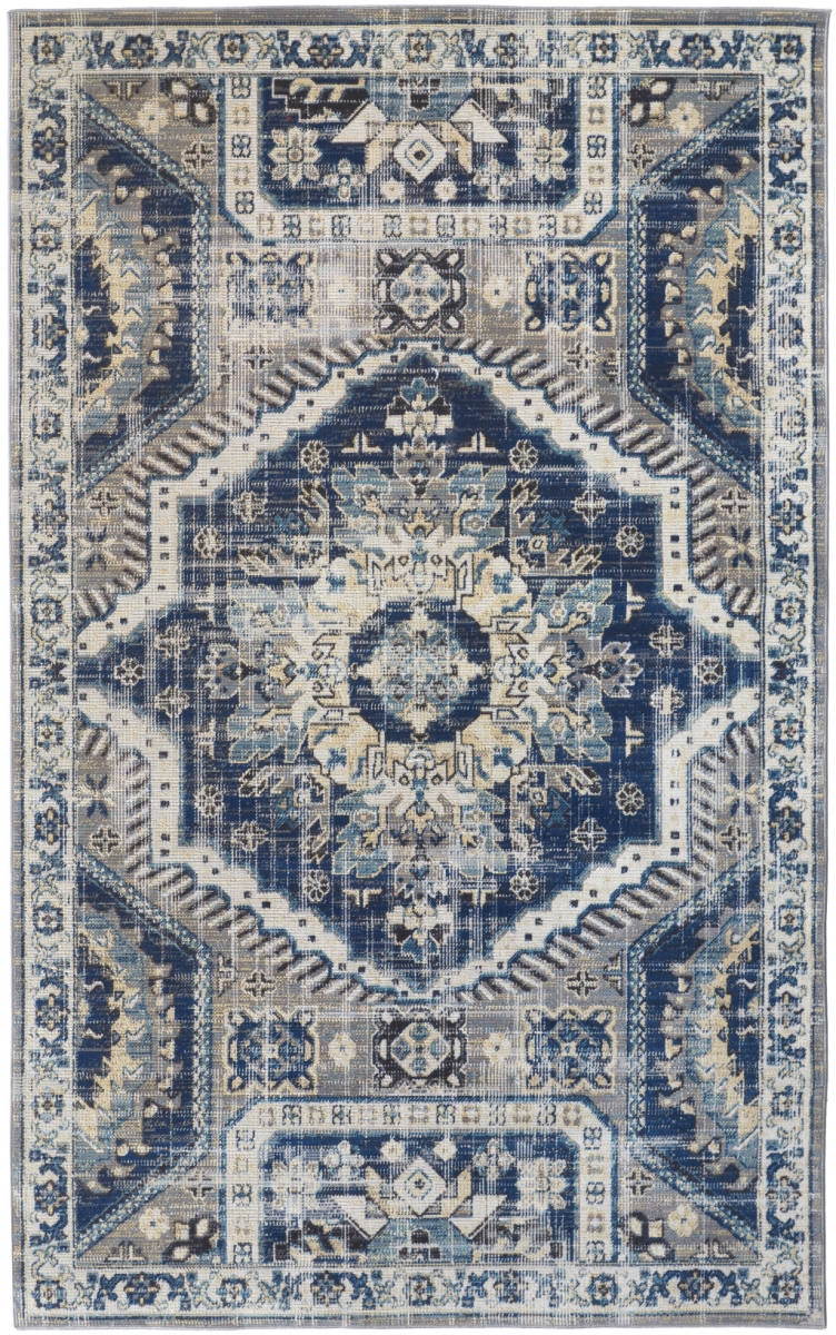 10 x 13 ft. Blue & Ivory Abstract Power Loom Distressed Stain Resistant Rectangle Area Rug - Blue and Ivory - 10 x 13 ft.