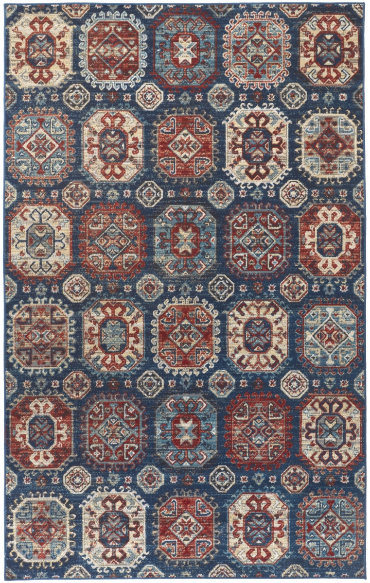 10 x 13 ft. Blue Red & Tan Abstract Power Loom Distressed Stain Resistant Rectangle Area Rug - Blue and Orange - 10 x 13 ft.