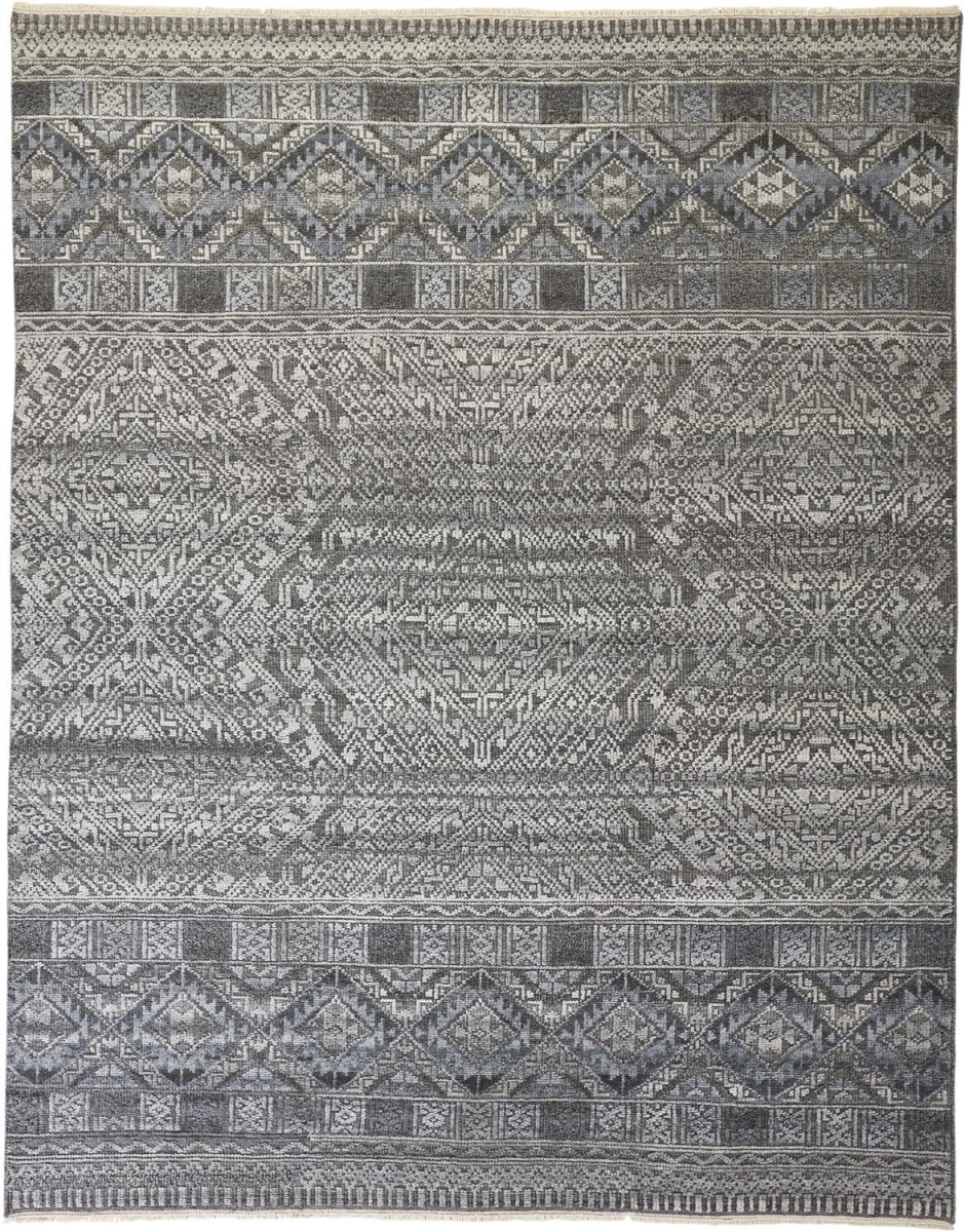 2 x 3 ft. Gray Ivory & Blue Geometric Hand Knotted Rectangle Area Rug